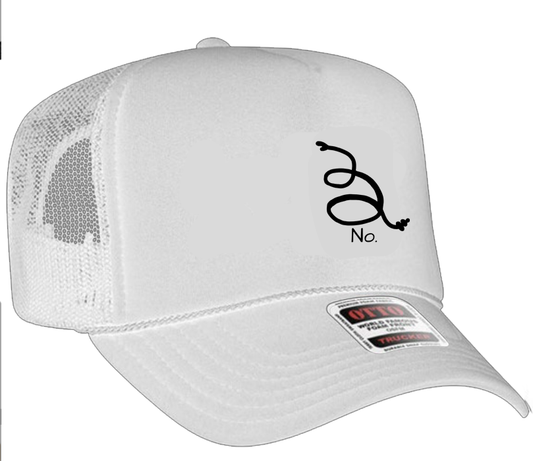 Minimalist Gadsden Flag Mesh Back Trucker Hat in White