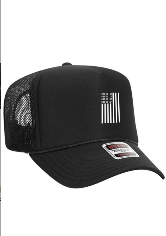 DOGE in Binary Flag Mesh Back Trucker Hat (Black)