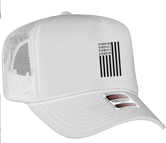 DOGE in Binary Code Flag Mesh Back Trucker Hat (White)
